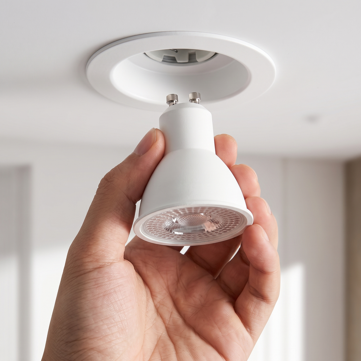 A hand fitting a GU10 LED bulb into a white recessed ceiling downlight