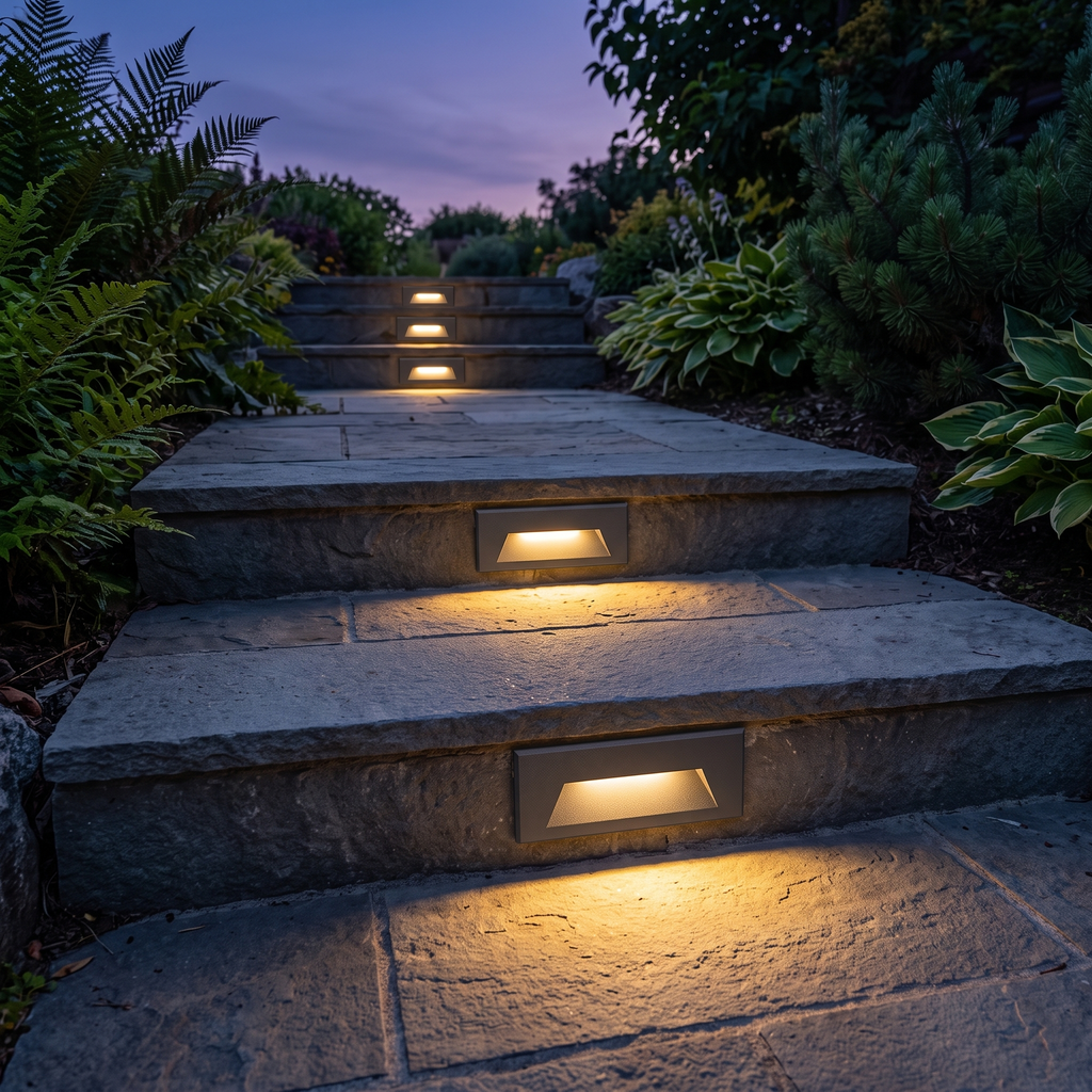Rectangular LED step lights recessed along an outdoor garden stairway at dusk, warm light on the stone treads