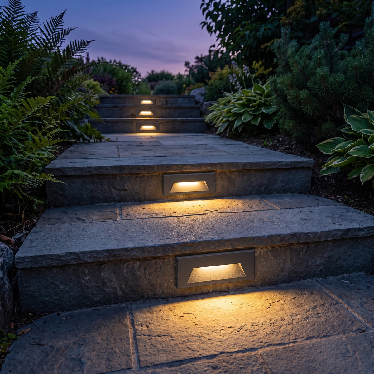 Rectangular LED step lights recessed along an outdoor garden stairway at dusk, warm light on the stone treads