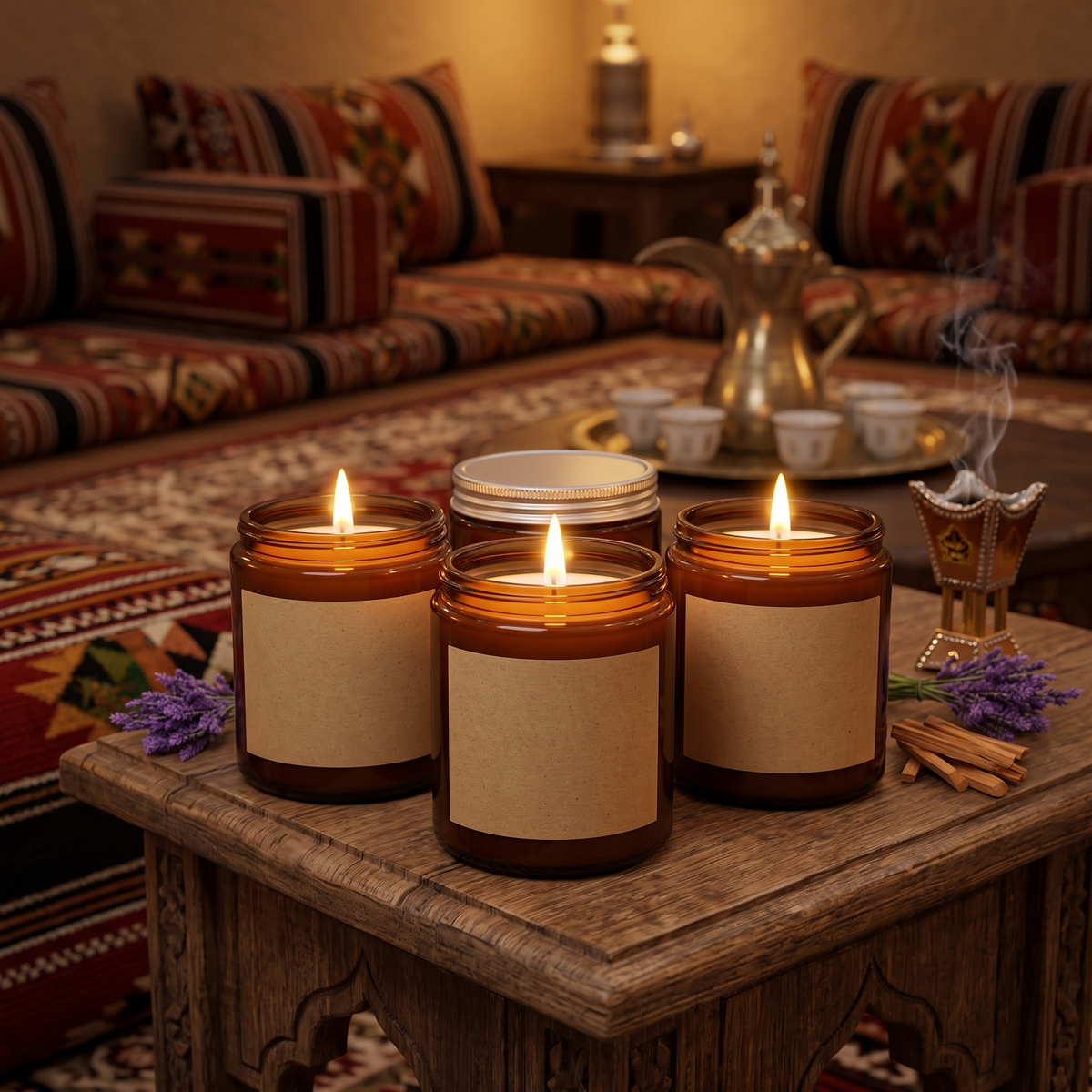 Amber glass jar candles lit on a wooden side table in a Saudi majlis