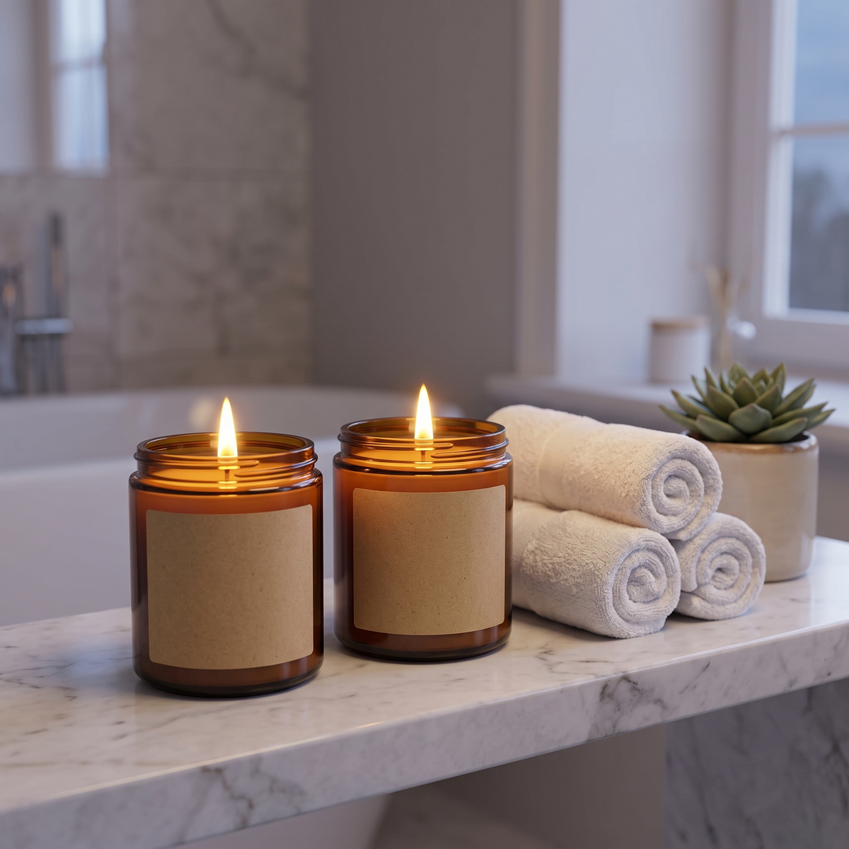 Amber glass jar candles lit on a marble bathroom shelf beside white towels