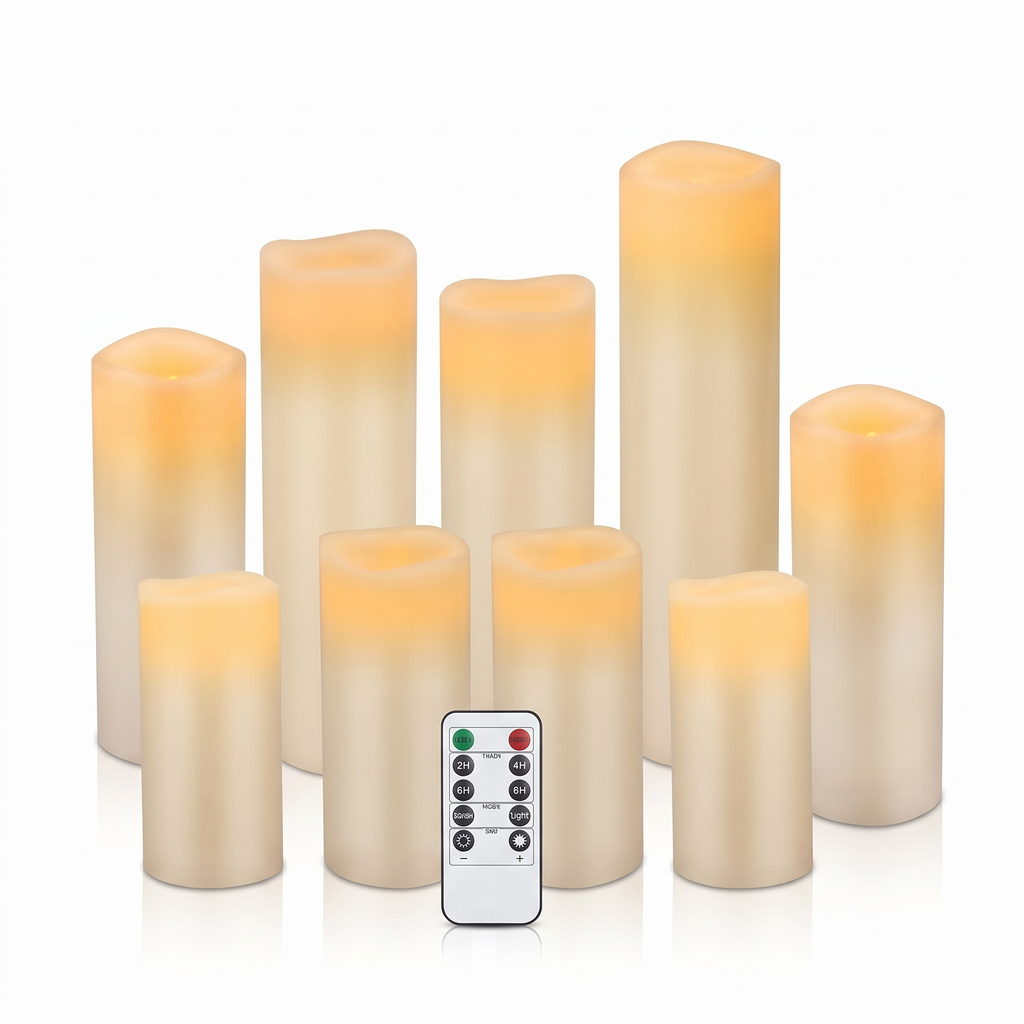 Set of ivory real wax flameless LED pillar candles with remote on a white background