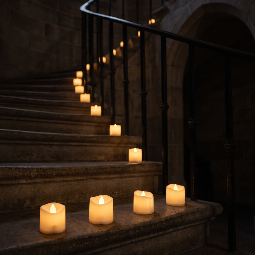 Flameless LED tea lights lining the steps of a stone staircase at night