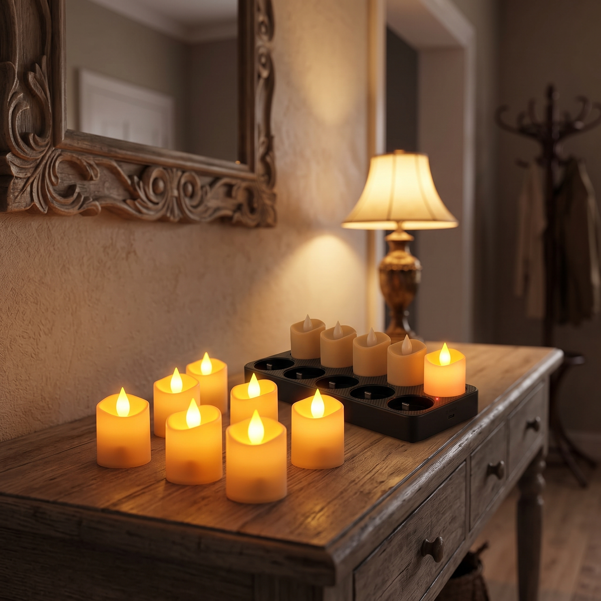 Rechargeable flameless tea lights glowing on a console table beside their charging base
