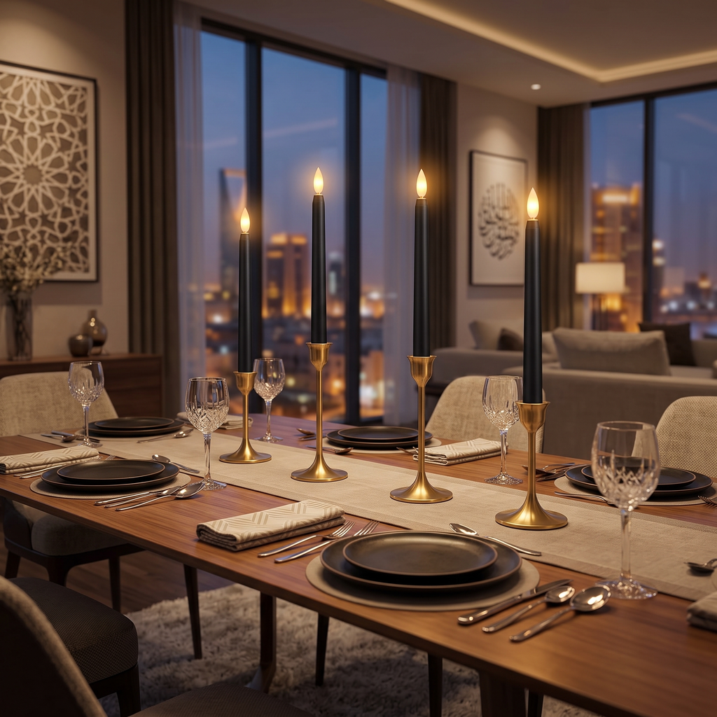 Black flameless LED taper candles in brass candlesticks on a dining table