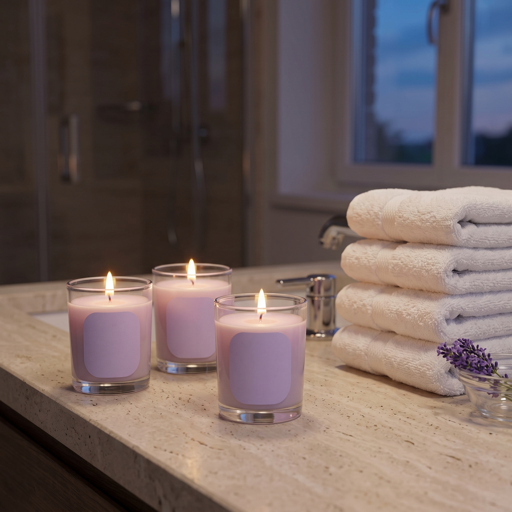 Three lavender soy jar candles lit on a stone bathroom counter
