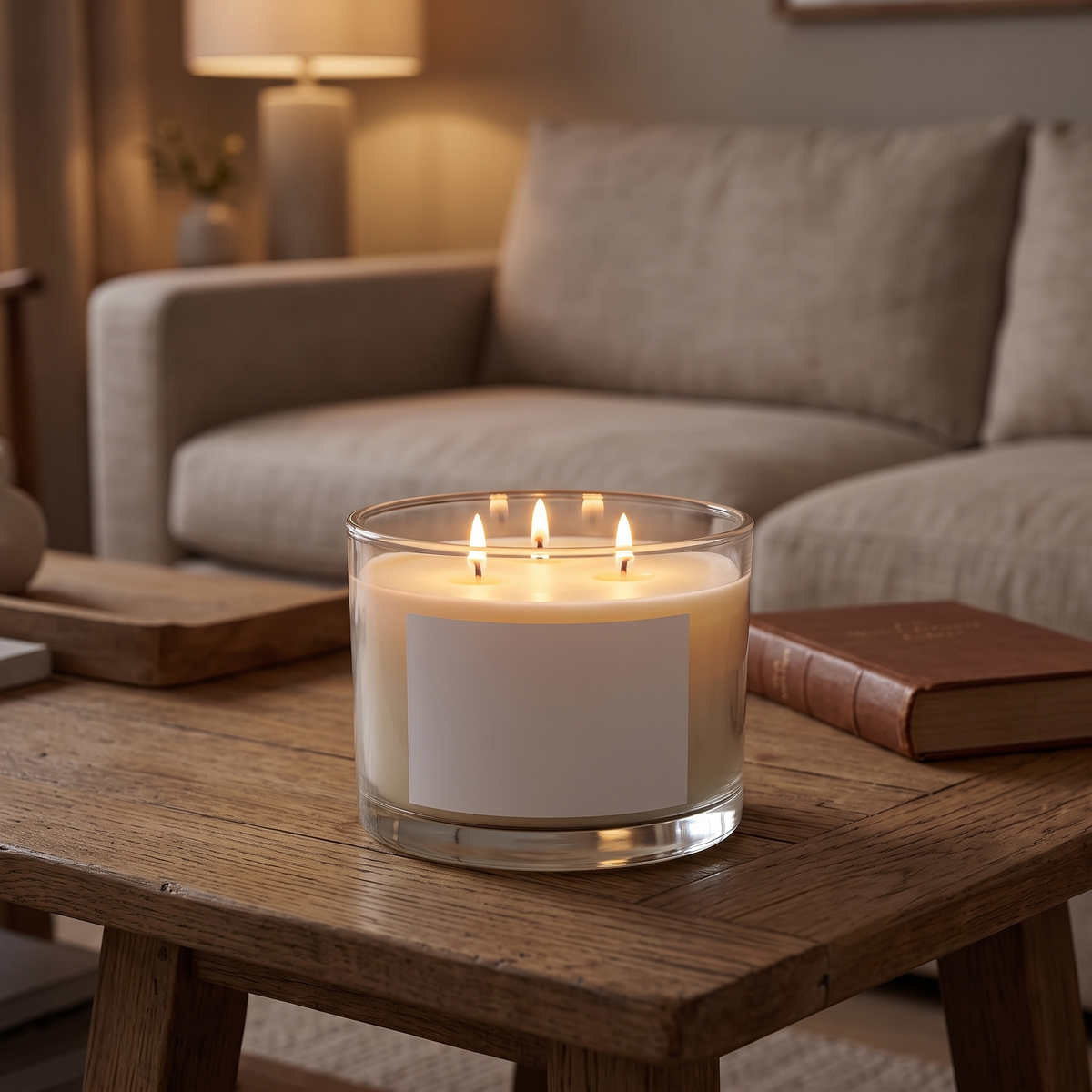 Three-wick soy candle lit on a wooden coffee table in a living room