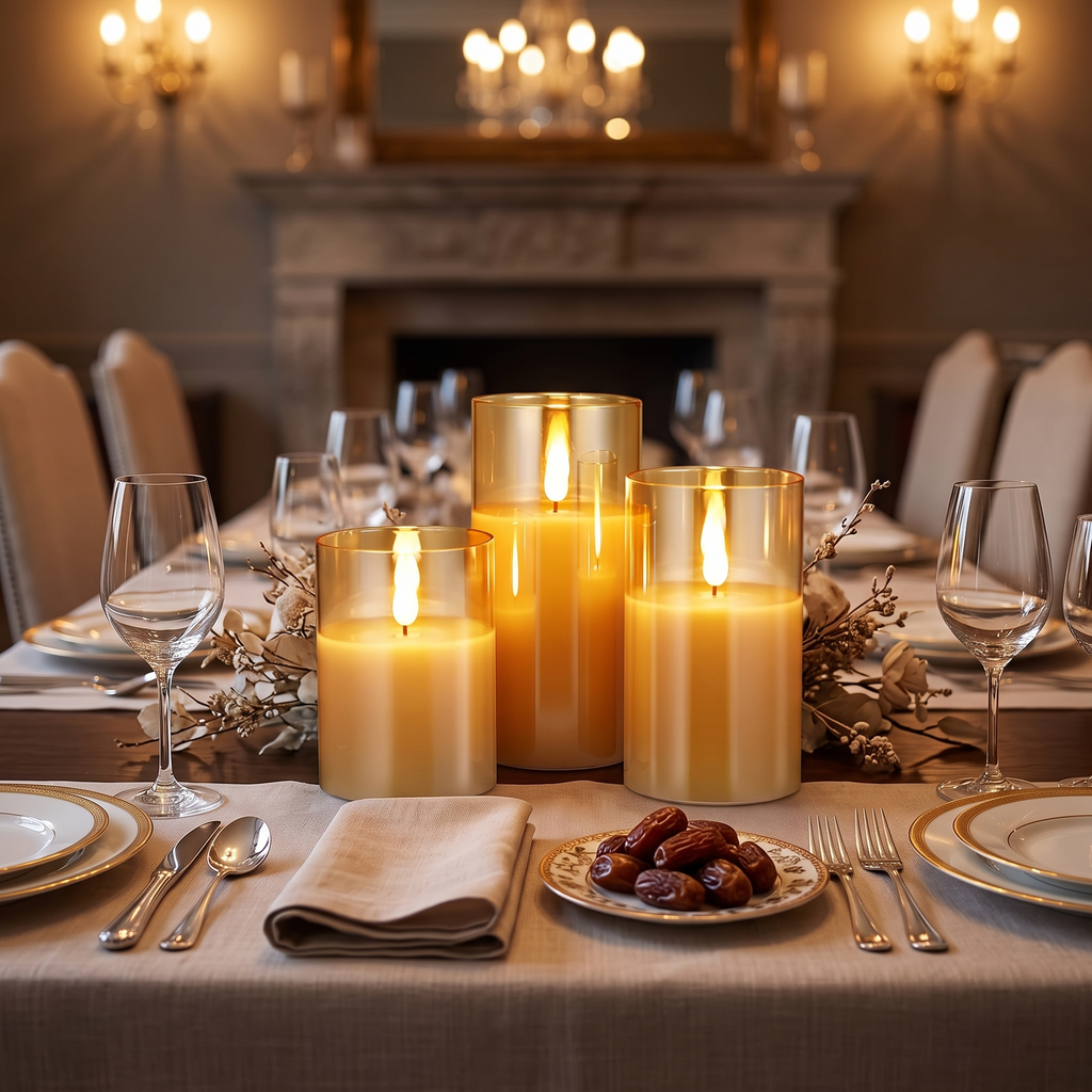 Three glass flameless LED pillar candles glowing on a set dinner table