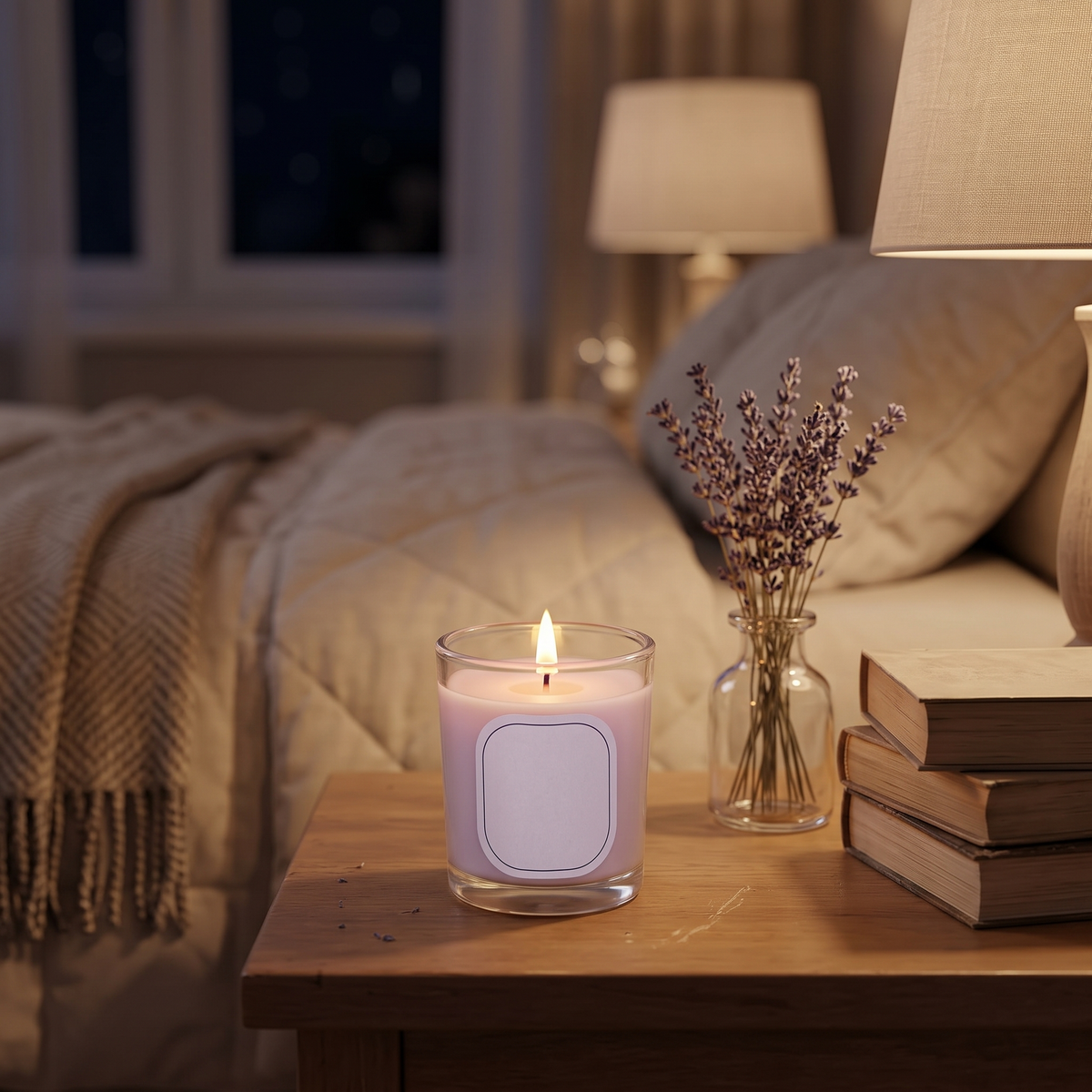 Lavender soy jar candle lit on a bedside table with lavender and books