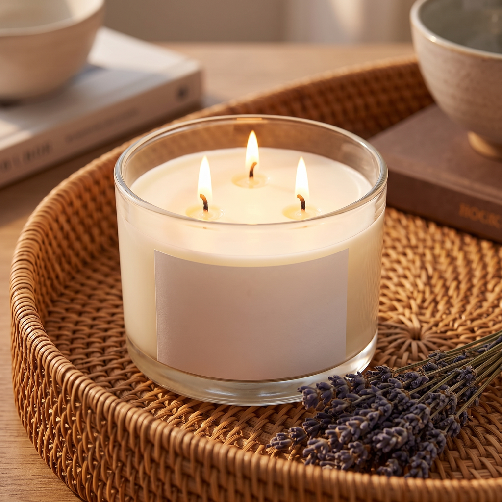 Three-wick soy candle lit on a rattan tray with dried lavender